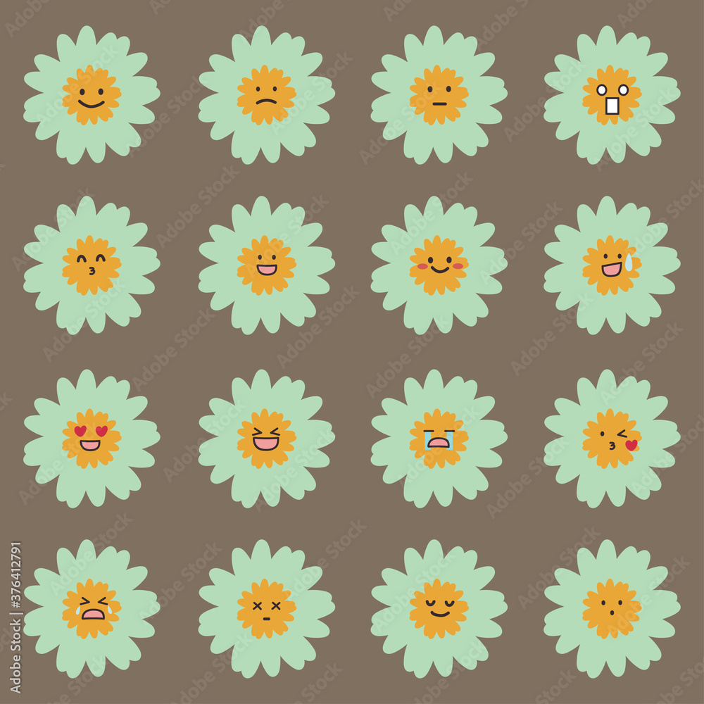 collection set with cartoon flower face. for fabric print, textile, gift wrapping paper. colorful vector for kids, flat style