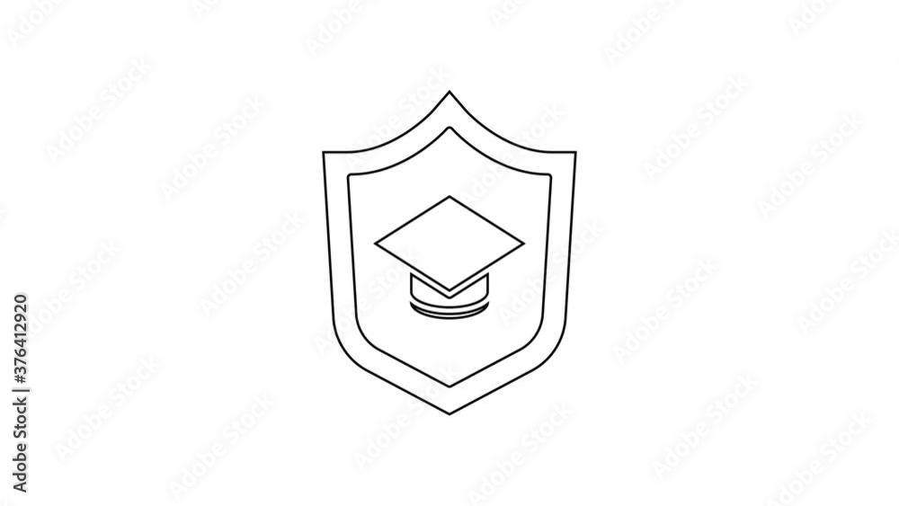 Black line Graduation cap with shield icon isolated on white background. Insurance concept. Security, safety, protection, protect concept. 4K Video motion graphic animation. Black line Graduation cap with shield icon isolated on white background. Insurance concept. Security, safety, protection, protect concept. 4K Video motion graphic animation.