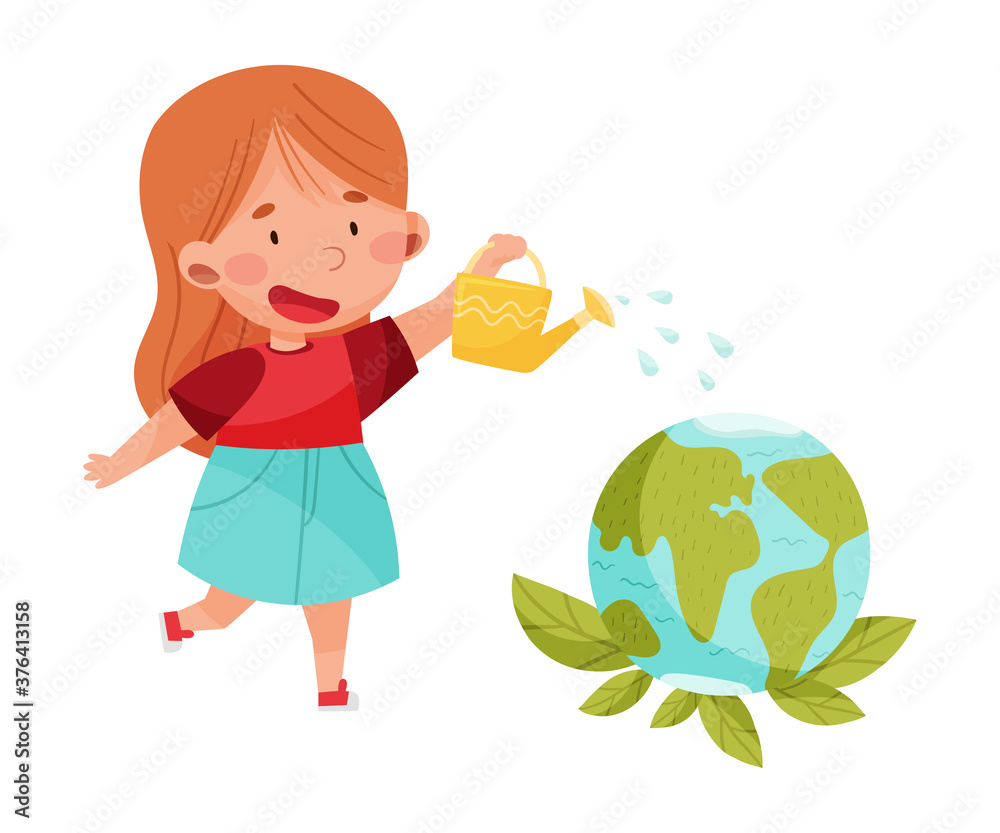 Little Girl Watering Globe Sphere for Planting and Vegetation Vector Illustration Little Girl Watering Globe Sphere for Planting and Vegetation Vector Illustration