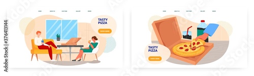 Couple enjoy pizza at home in front of big window. Pizza slice in a box and cup of soda. Fast food concept illustration. Vector web site design template
