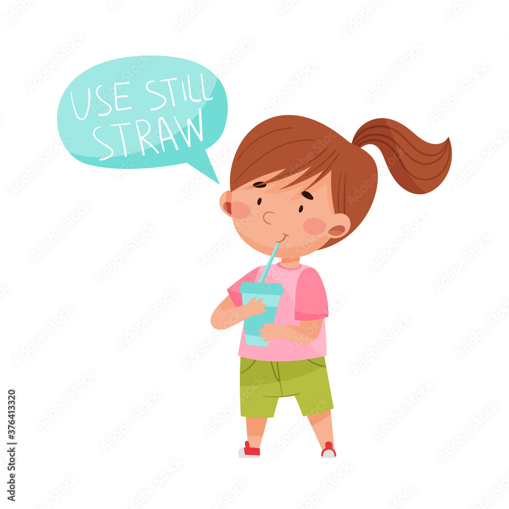 Little Girl Drinking Water with Still Straw Vector Illustration Little Girl Drinking Water with Still Straw Vector Illustration