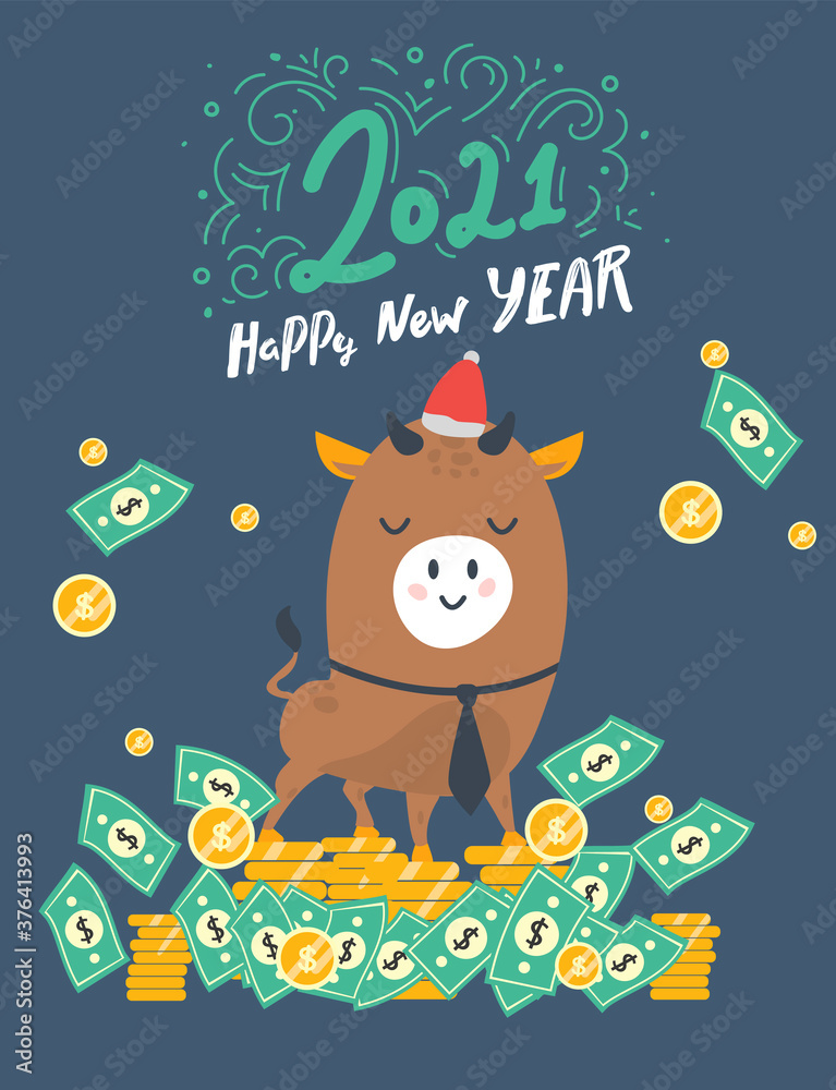 year of the bull with money. postcard. Year of the bull. 2021. Happy New Year. Funny bull character on a blue background. greeting card, poster, luck, financial year. year of the bull with money. postcard. Year of the bull. 2021. Happy New Year. Funny bull character on a blue background. greeting card, poster, luck, financial year.