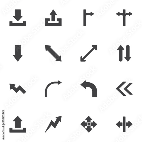 Basic arrows vector icons set, modern solid symbol collection, filled style pictogram pack. Signs, logo illustration. Set includes icons as download arrow, upload, up, down, left, right, curve