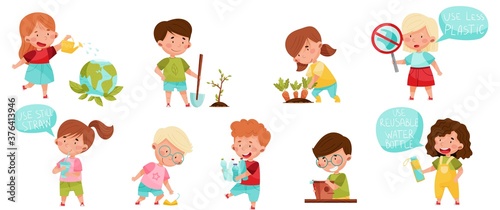 Kid Characters Gathering Plastic Bottles and Planting Vector Set