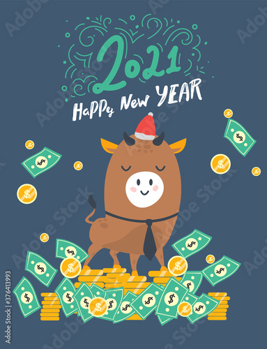 year of the bull with money. postcard. Year of the bull. 2021. Happy New Year. Funny bull character on a blue background. greeting card  poster  luck  financial year.