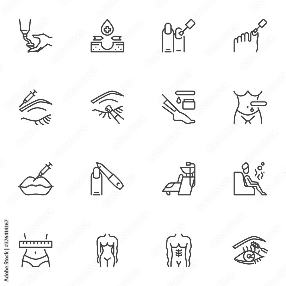 Beauty salon service line icons set, outline vector symbol collection, linear style pictogram pack. Signs, logo illustration. Set includes icons as skin care, fingernail manicure, spa, hair depilation Beauty salon service line icons set, outline vector symbol collection, linear style pictogram pack. Signs, logo illustration. Set includes icons as skin care, fingernail manicure, spa, hair depilation