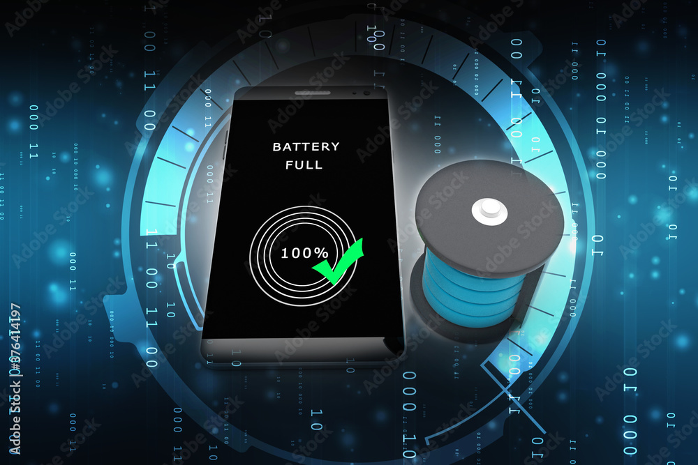 3d rendering Electrical energy and power supply source concept, accumulator battery with charging level full with mobile 3d rendering Electrical energy and power supply source concept, accumulator battery with charging level full with mobile