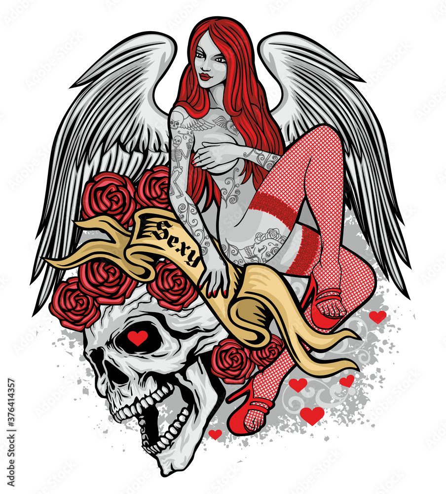 Gothic sign with skull and sexy tattooed girls, grunge vintage design t  shirts Stock Vector | Adobe Stock