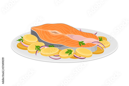 Salmon Steak with Vegetables Served on Plate as National Dish of Norway Vector Illustration