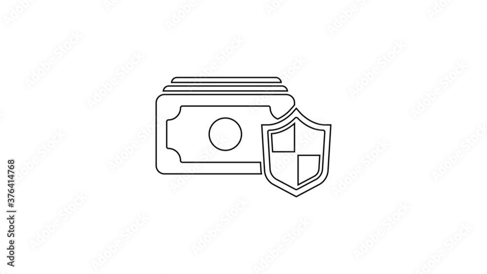 Black line Money with shield icon isolated on white background. Insurance concept. Security, safety, protection, protect concept. 4K Video motion graphic animation. Black line Money with shield icon isolated on white background. Insurance concept. Security, safety, protection, protect concept. 4K Video motion graphic animation.