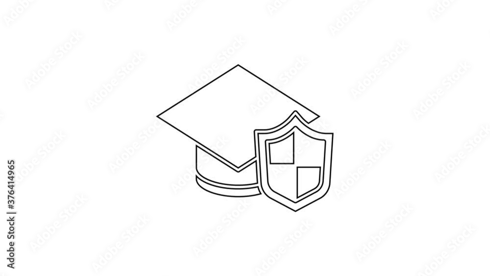 Black line Graduation cap with shield icon isolated on white background. Insurance concept. Security, safety, protection, protect concept. 4K Video motion graphic animation. Black line Graduation cap with shield icon isolated on white background. Insurance concept. Security, safety, protection, protect concept. 4K Video motion graphic animation.