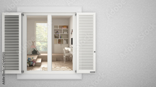 Exterior plaster wall with white window with shutters  showing interior modern children bedroom  blank background with copy space  architecture design concept idea  mockup template