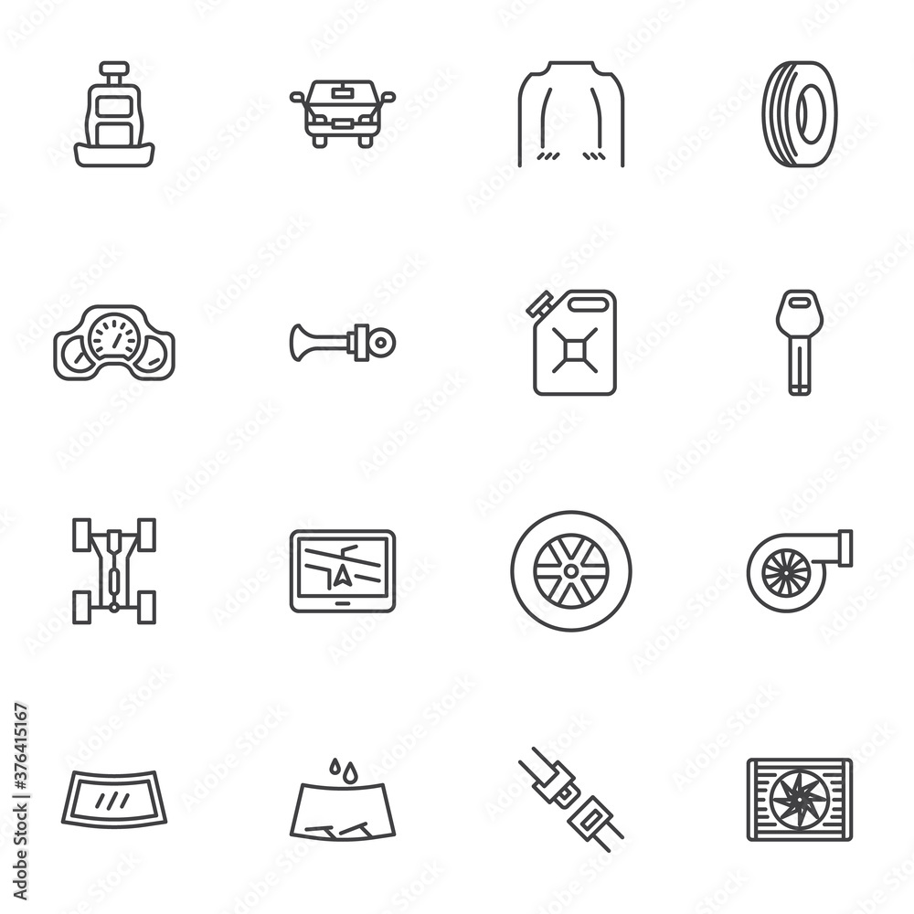 Car parts line icons set, outline vector symbol collection, linear style pictogram pack. Signs, logo illustration. Set includes icons as seat belt, engine turbine, tire wheel, bonnet hood, windshield Car parts line icons set, outline vector symbol collection, linear style pictogram pack. Signs, logo illustration. Set includes icons as seat belt, engine turbine, tire wheel, bonnet hood, windshield