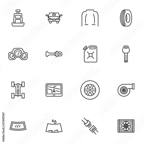 Car parts line icons set, outline vector symbol collection, linear style pictogram pack. Signs, logo illustration. Set includes icons as seat belt, engine turbine, tire wheel, bonnet hood, windshield
