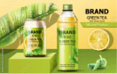 Realistic can on a podium and a bottle of natural ice green tea with real lemon juice surrounded by a palm and mint leaves. 3D mockup with product placement