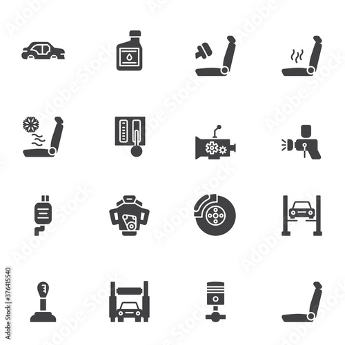 Car parts repair vector icons set, modern solid symbol collection, filled style pictogram pack. Signs, logo illustration. Set includes icons as car body, engine motor, transmission gearbox, disc brake