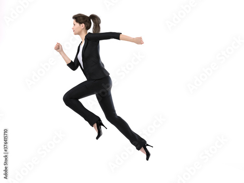 3D Render : A businesswoman is running with white background
