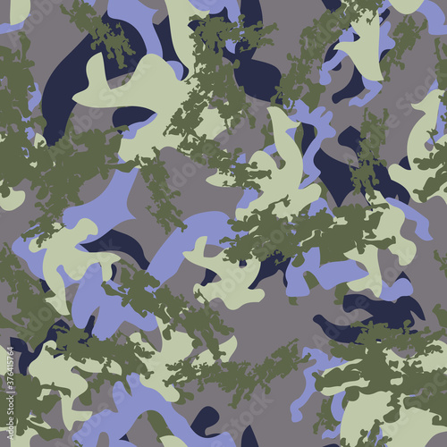 Urban camouflage of various shades of green, blue and violet colors