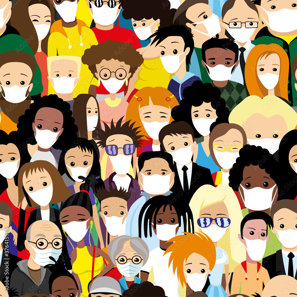 Seamless pattern with a group of people in protective masks. Seamless pattern with a group of people in protective masks.