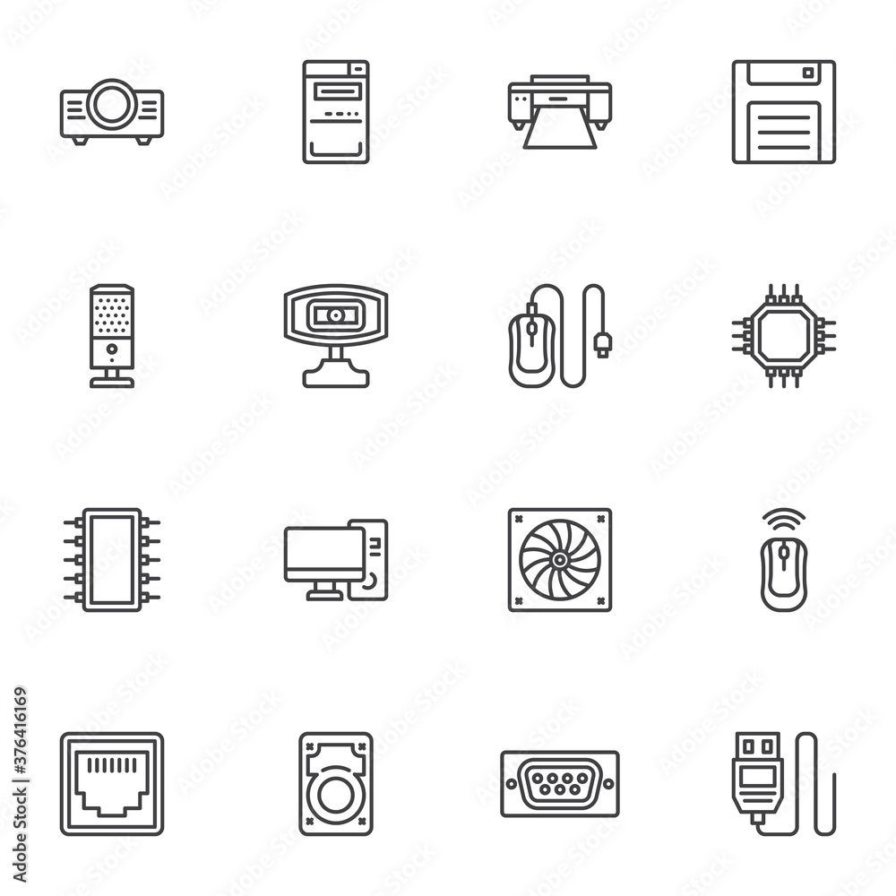 Computer parts line icons set, outline vector symbol collection, linear style pictogram pack. Signs, logo illustration. Set includes icons as computer cooler, microchip processor, pc monitor, mouse Computer parts line icons set, outline vector symbol collection, linear style pictogram pack. Signs, logo illustration. Set includes icons as computer cooler, microchip processor, pc monitor, mouse