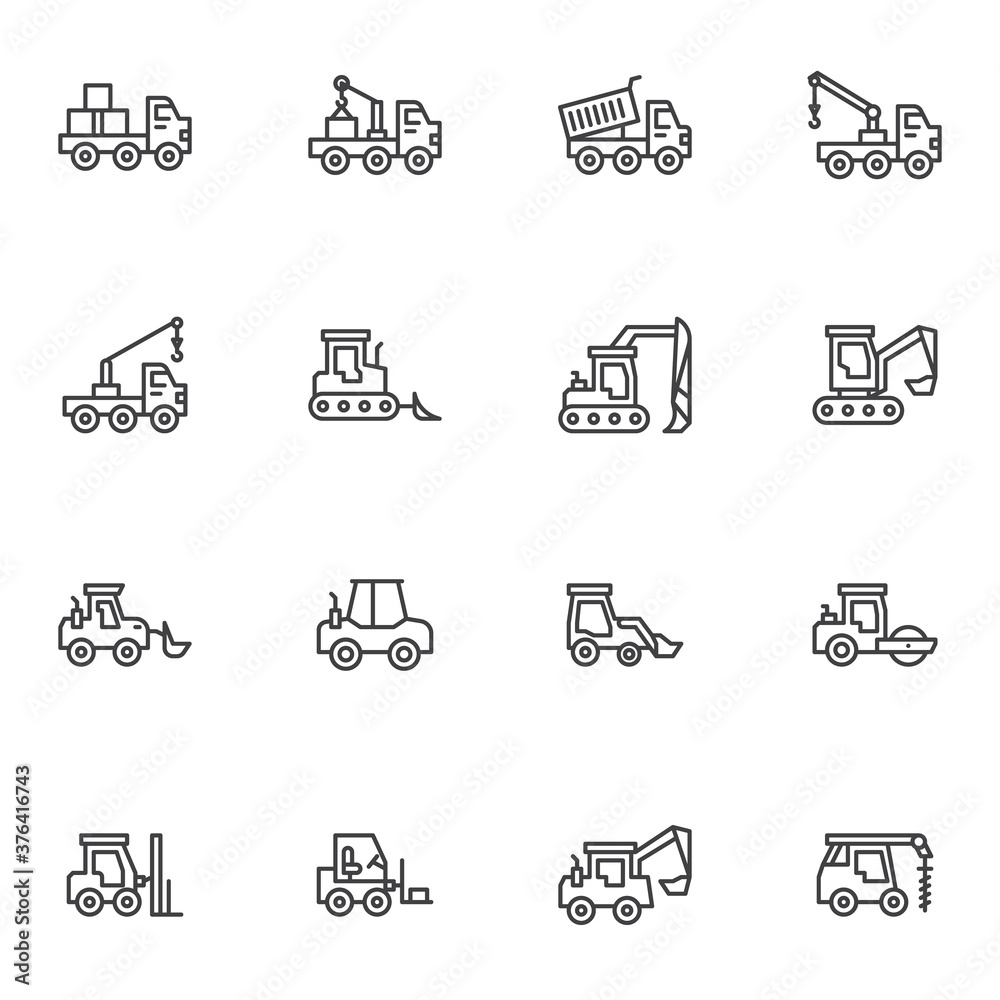 Construction vehicles line icons set, outline vector symbol collection, linear style pictogram pack. Signs, logo illustration. Set includes icons as truck and tractor, forklift, construction crane Construction vehicles line icons set, outline vector symbol collection, linear style pictogram pack. Signs, logo illustration. Set includes icons as truck and tractor, forklift, construction crane
