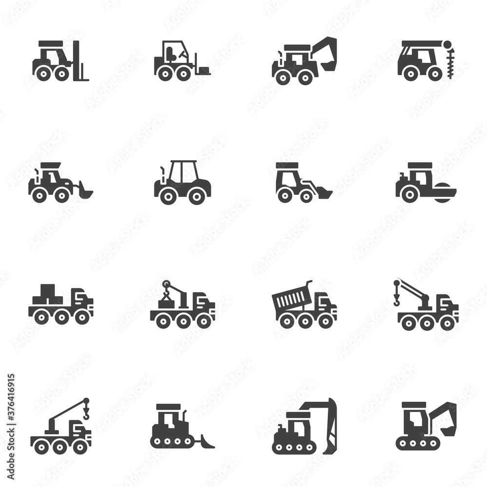 Construction vehicles vector icons set, modern solid symbol collection, filled style pictogram pack. Signs, logo illustration. Set includes icons as truck and tractor, forklift, construction crane Construction vehicles vector icons set, modern solid symbol collection, filled style pictogram pack. Signs, logo illustration. Set includes icons as truck and tractor, forklift, construction crane