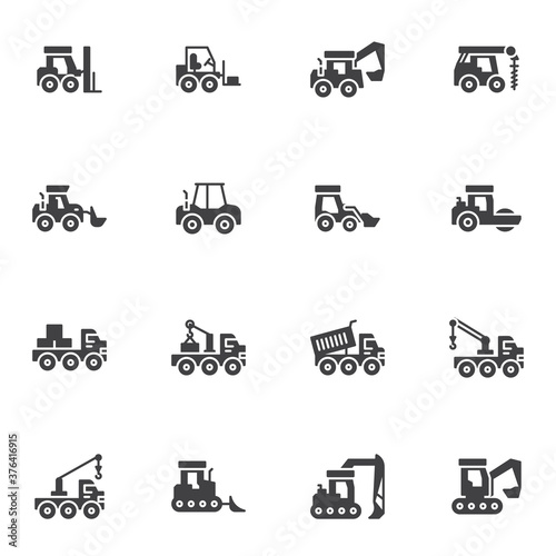 Construction vehicles vector icons set, modern solid symbol collection, filled style pictogram pack. Signs, logo illustration. Set includes icons as truck and tractor, forklift, construction crane