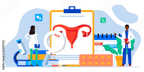 Gynecology, female health. Uterus, ovary and womb. Endometriosis, endometrium dysfunctionality, endometriosis concept. Doctor make uterus examination. For banner, web page. Birth control pills.