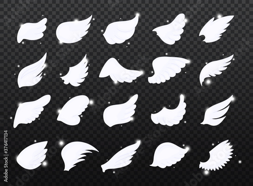 Set of hand drawn bird or angel wings with light effect. Different shape in open position.