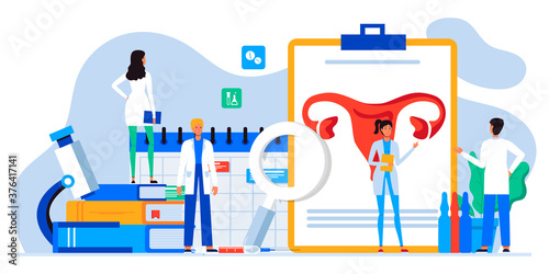 Gynecology, female health. Uterus, ovary and womb. Endometriosis, endometrium dysfunctionality, endometriosis concept. Doctor make uterus examination. For banner, web page. Birth control pills.