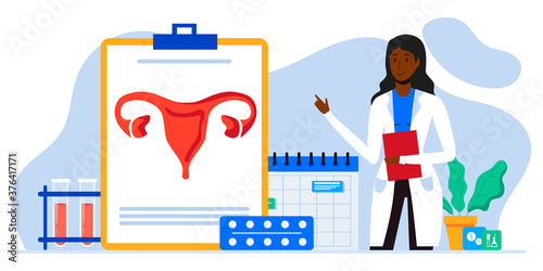 Gynecology, female health. Uterus, ovary and womb. Endometriosis, endometrium dysfunctionality, endometriosis concept. Doctor make uterus examination. For banner, web page. Birth control pills.