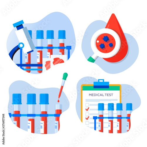 Microscope and blood samples on glass.Web site page and mobile app design element. Medical blood test flat concept. Chemical laboratory analysis.
