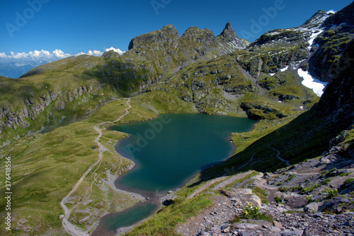 Fototapeta Naklejka Na Ścianę i Meble -  Kleiner Bergsee auf dem Pizol in der Schweiz 7.8.2020