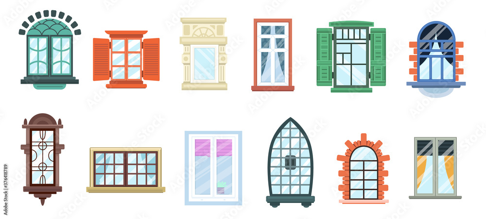 Windows with white frames Set of modern and vintage colorful window frames. Various types plastic and wooden windows collection. Window decor elements