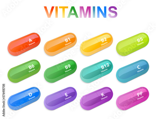 Complete vitamin capsule tablets of the main types