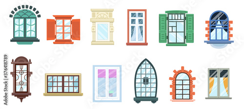 Windows with white frames Set of modern and vintage colorful window frames. Various types plastic and wooden windows collection. Window decor elements