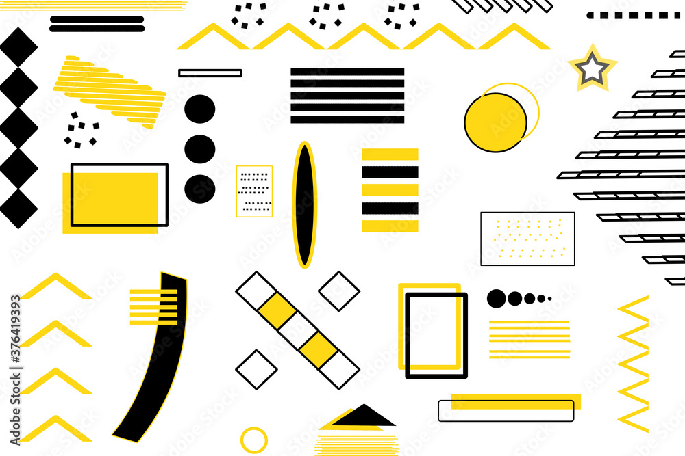 Memphis design pattern background. Abstract yellow black and white color geometric shapes elements for advertisement, commercial wallpaper, banner, poster or flyer. Memphis style art pattern designs Memphis design pattern background. Abstract yellow black and white color geometric shapes elements for advertisement, commercial wallpaper, banner, poster or flyer. Memphis style art pattern designs
