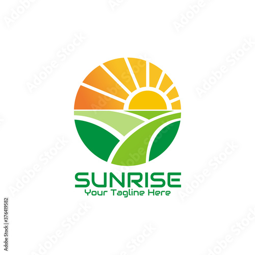 illustration vector graphic of the sun rises with orange skies on green pastures, perfect for nature, farm, ecology, bio, garden, etc.

