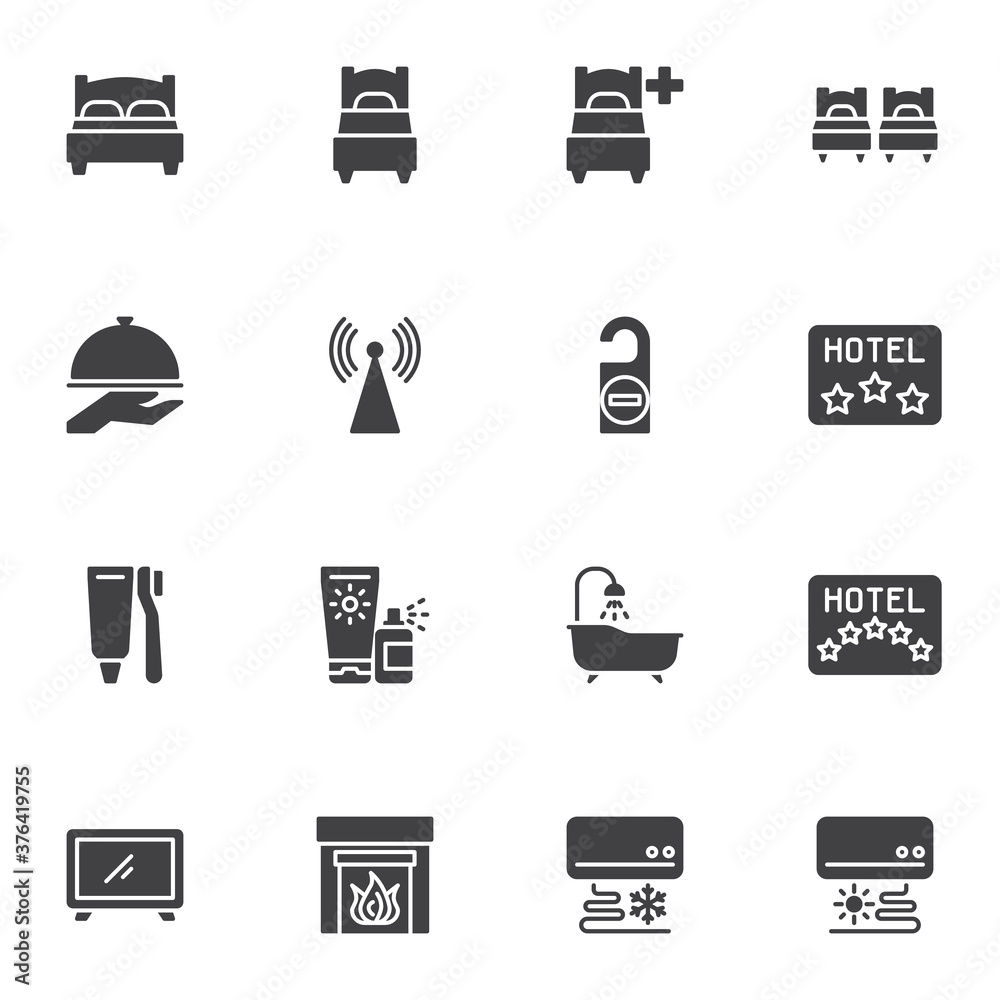 Hotel service vector icons set, modern solid symbol collection, filled style pictogram pack. Signs, logo illustration. Set includes icons as twin bed, single room, restaurant food, wifi, bathroom Hotel service vector icons set, modern solid symbol collection, filled style pictogram pack. Signs, logo illustration. Set includes icons as twin bed, single room, restaurant food, wifi, bathroom