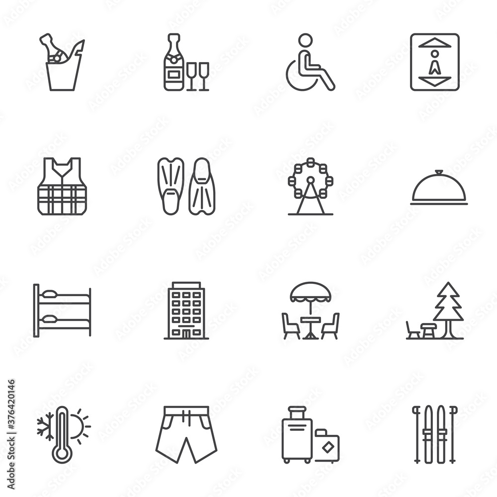 Travel related line icons set, outline vector symbol collection, linear style pictogram pack. Signs, logo illustration. Set includes icons as ferris wheel, hotel building, baggage, camping, weather Travel related line icons set, outline vector symbol collection, linear style pictogram pack. Signs, logo illustration. Set includes icons as ferris wheel, hotel building, baggage, camping, weather