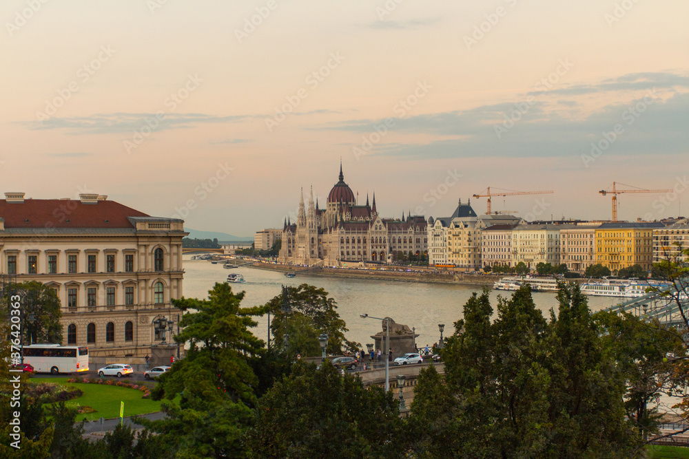 View of the Parliament building in Budapest at sunset . Hungary