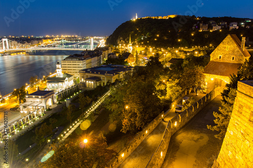 Night view of the Danube river embankment in Budapest. Hungary