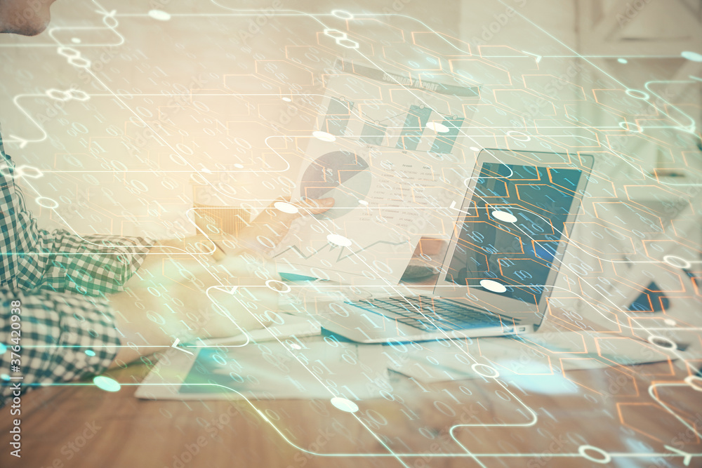 Double exposure of tech drawings with hands working on computer background. Concept of innovation. Double exposure of tech drawings with hands working on computer background. Concept of innovation.