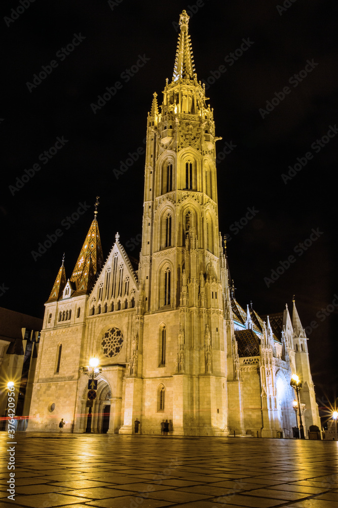 Night view of the Church of St. Matthias in Budapest. Hungary