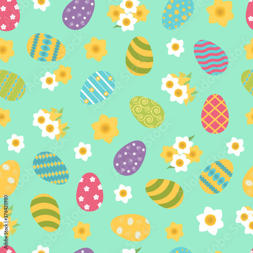 Seamless pattern with Easter eggs and daffodil flowers