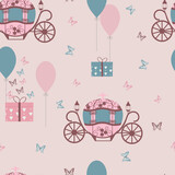 Seamless pattern with a carriage for Cinderella, balloons and butterflies