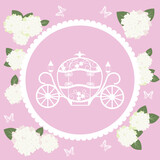 Greeting card with a Cinderella carriage, flowers of hydrangeas and butterflies