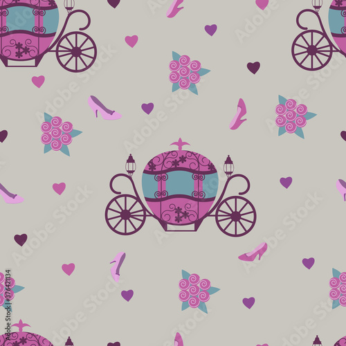 Seamless beautiful childish pattern with a carriage for Cinderella, a shoe and roses.
