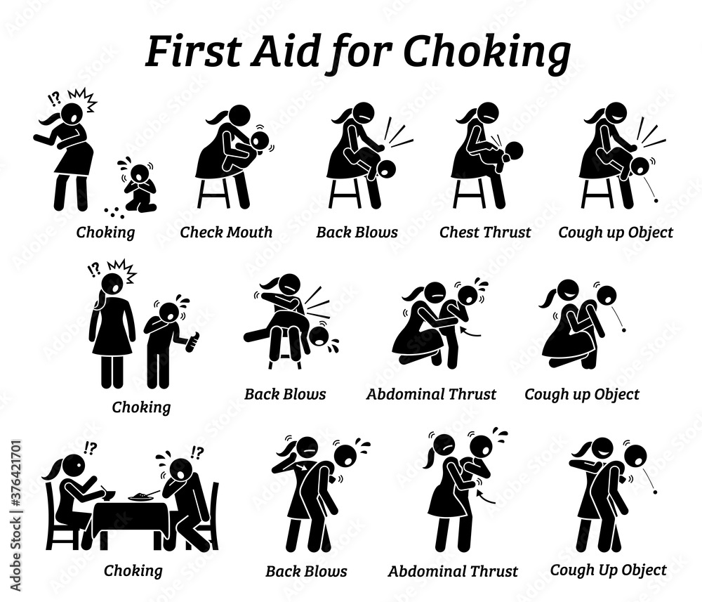 First aid emergency treatment for choking stick figures icon. Vector