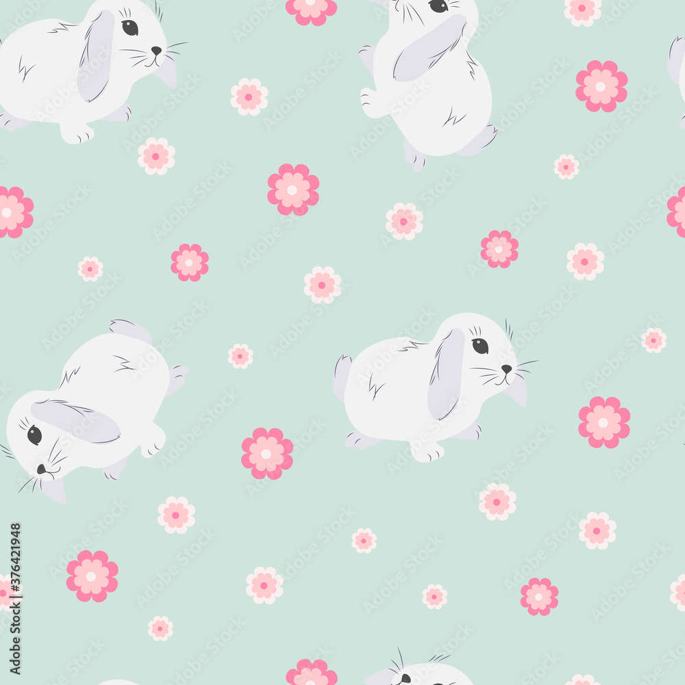 Seamless, cute baby pattern with hares and flowers
